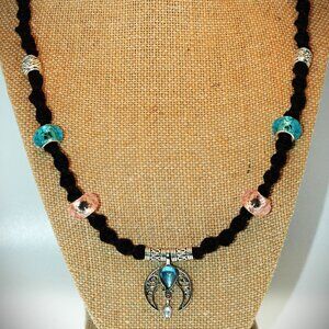 Boho Filigree Crescent Moon with Teardrop on 22" Black Handmade Hemp Necklace